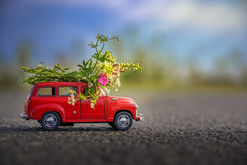 A small toy red car is carrying a bouquet of flowers. The toy stands on the road in the sun