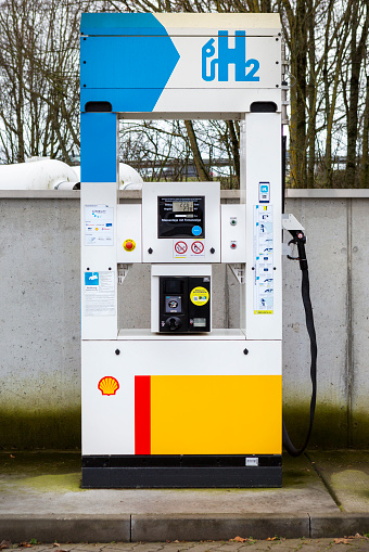 Wiesbaden, Germany - February 18, 2022: A hydrogen filling station of Shell in the city center of Wiesbaden. Shell is a British publicly traded multinational oil and gas company