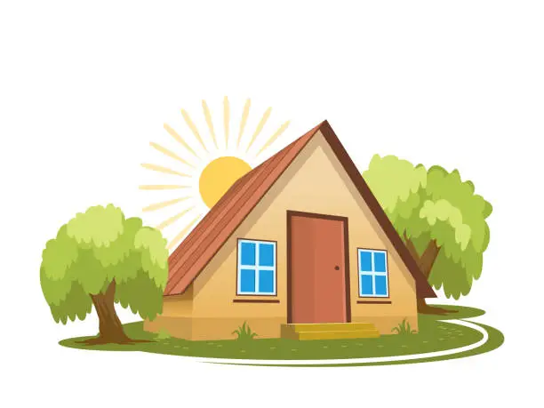 Vector illustration of Summer landscape. House surrounded by trees