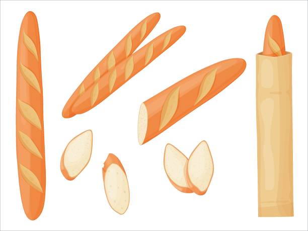 신선한 프렌치 바게트. 긴 덩어리 빵. 아침 식사 빵집. - baguette stock illustrations