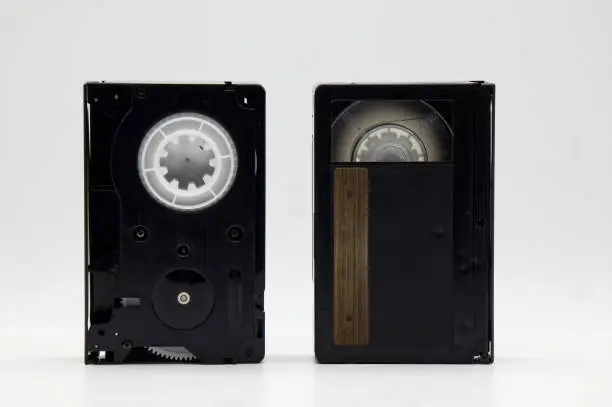 Photo of Vintage Mini DV video tape cassette isolated on white background. Retro style technology from the 90s