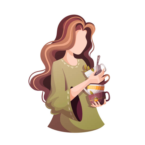 illustrazioni stock, clip art, cartoni animati e icone di tendenza di donna con pila di tazze da tè. - women coffee tea party drinking