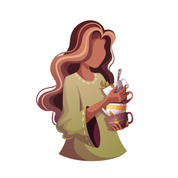 illustrazioni stock, clip art, cartoni animati e icone di tendenza di donna con pila di tazze da tè. - women coffee tea party drinking