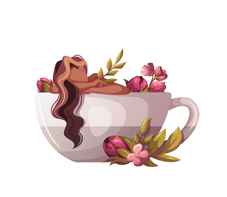 Woman lying in huge teacup. Tea shop, cafe-bar menu, tea lover, tea party, beverages concept. Isolated Vector illustration for poster, banner, card, menu, advertising.