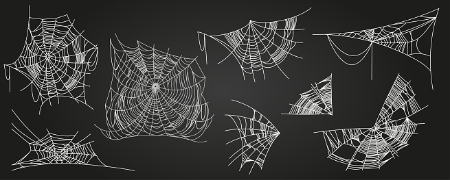 Spider web parts isolated on black background. Scary cobweb outline decor. Vector design elements for Halloween, horror, ghost or monster party, invitation and posters.