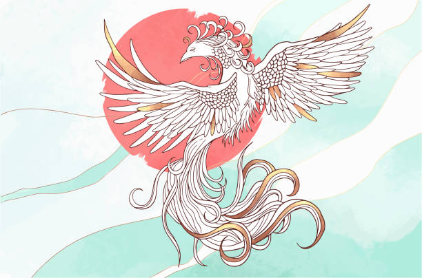 abstract illustration of mythological bird phoenix Fenghuang abstract illustration of mythological bird phoenix Fenghuang on light background asian mythology stock illustrations