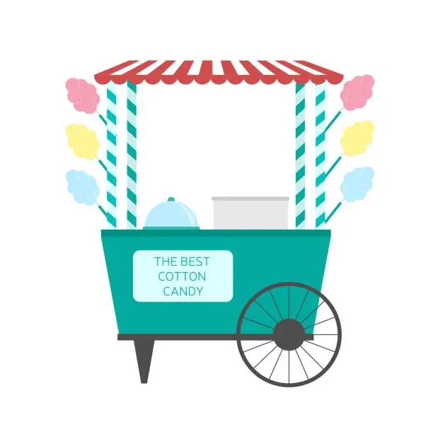 Vector illustration of Vector flat illustration of Cotton Candy cart. Fast street food caravan trailer.