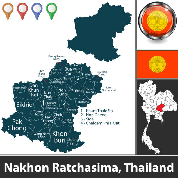 Map of Nakhon Ratchasima, Thailand Map of Nakhon Ratchasima province with districts and location on Thai map. Vector image Korat stock illustrations