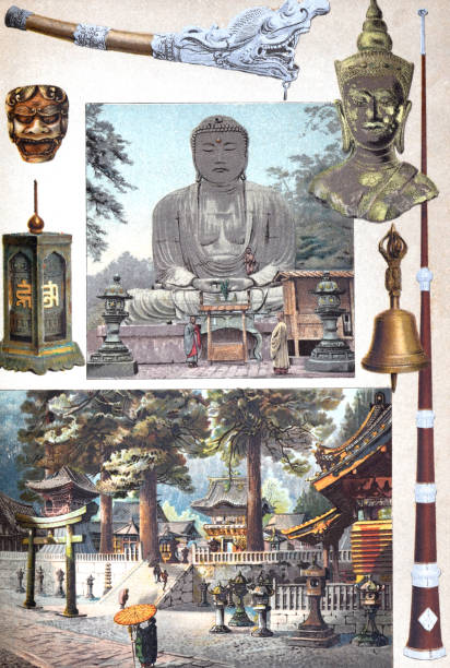 Buddhism collection. buddah meditating. Vintage buddah. tibet tempel. japan. hand drawn engraved illustration.