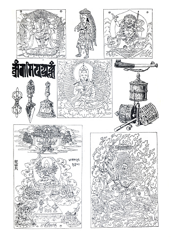 Buddhism collection. buddah meditating. Vintage buddah. tibet tempel. japan. hand drawn engraved illustration.