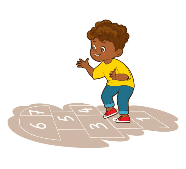 A small swarthy boy in a yellow T-shirt is jumping while playing hopscotch. Vector illustration in cartoon style A small swarthy boy in a yellow T-shirt is jumping while playing hopscotch. Vector illustration in cartoon style hopscotch stock illustrations