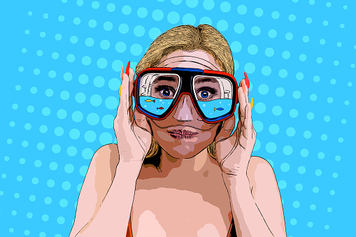 Portrait of sad girl with a sunglasses in the style of pop art