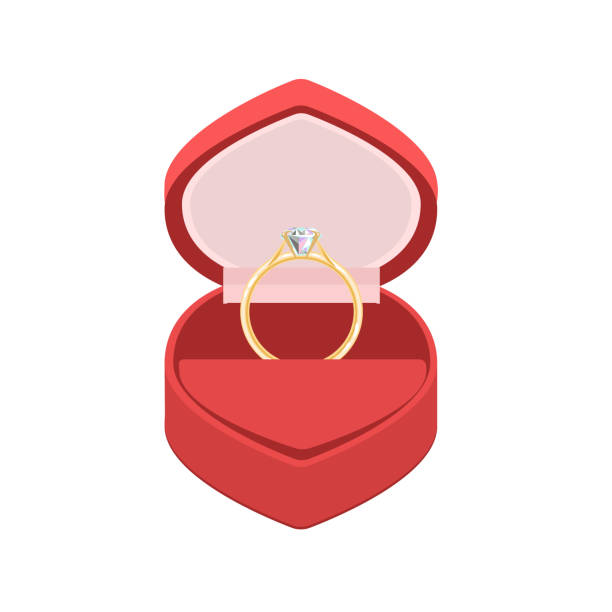 złoty pierścionek z brylantem w czerwonym aksamitnym pudełku, izolowany na białym tle. klejnot wektorowy może być stosowany w projektach ślubnych, pocztówkach, tekstyliach. - red background red velvet textile stock illustrations
