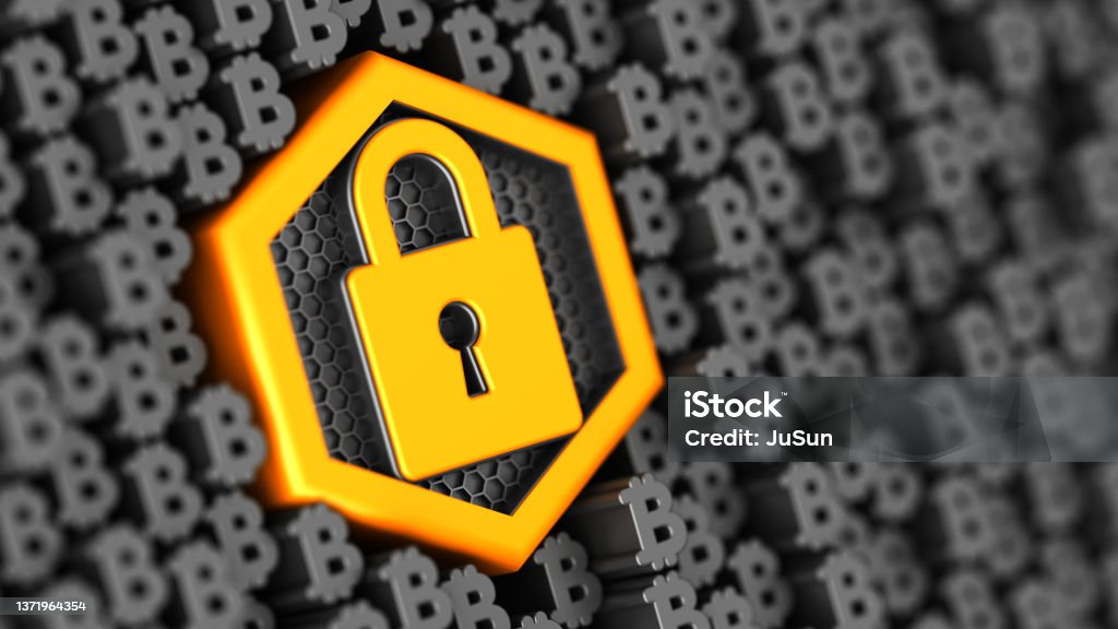 Digital Lock and many Bitcoin signs. Encryption your data. Big data with encrypted computer code. Safe your data. Cyber internet security and privacy concept. 3d illustration. Bitcoin Stock Photo