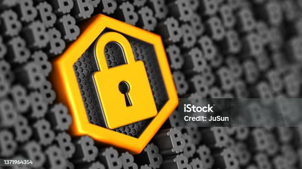 Digital Lock And Many Bitcoin Signs Encryption Your Data Big Data With Encrypted Computer Code Safe Your Data Cyber Internet Security And Privacy Concept 3d Illustration Stock Photo - Download Image Now