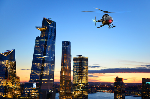 Helicopter flying over Hudson Yards, Manhattan, NYC.