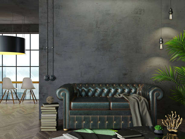 макет пустых стен интерьера лофта и дивана - vehicle interior apartment sofa lamp стоковые фото и изображения