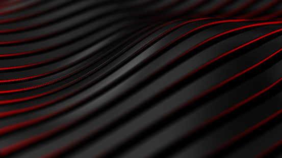 Fondo de movimiento de fibra de carbono negro. Línea ondulada de tecnología con ilustración 3d de luz brillante en rojo. photo