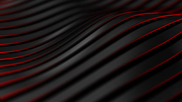 sfondo in fibra di carbonio nero. tecnologia linea ondulata con luce rossa incandescente illustrazione 3d. - sfondo nero foto e immagini stock