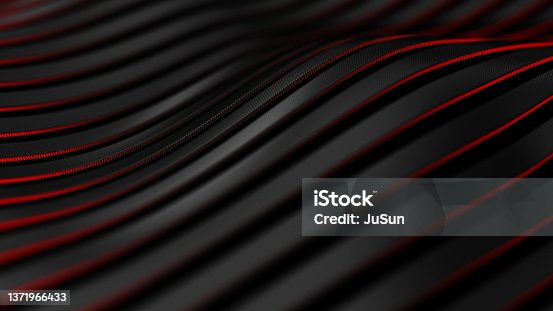 istock Black carbon fiber motion background. Technology wavy line with red glowing light 3d illustration. 1371966433