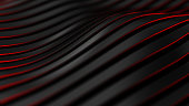 Black carbon fiber motion background. Technology wavy line with red glowing light 3d illustration.
