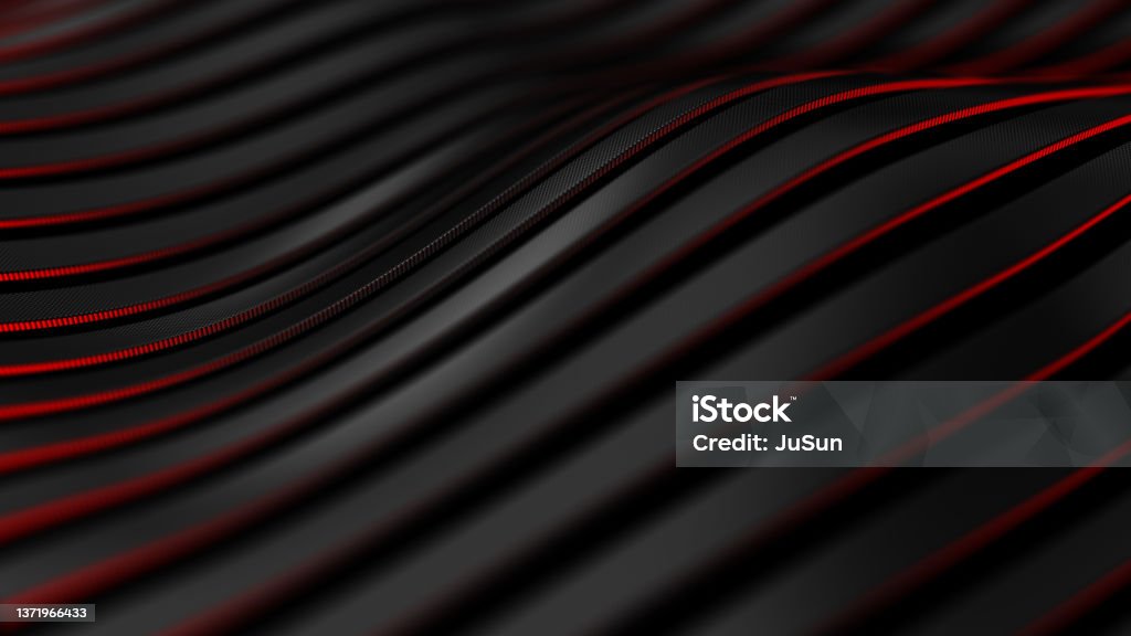 Black carbon fiber motion background. Technology wavy line with red glowing light 3d illustration. Backgrounds Stock Photo