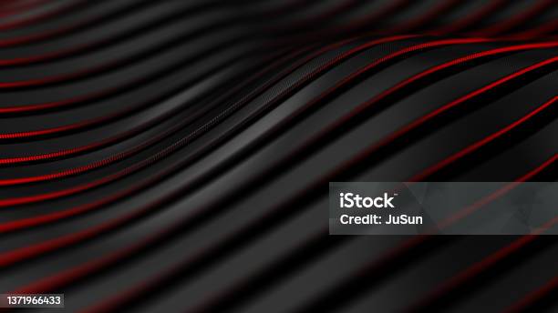 Black Carbon Fiber Motion Background Technology Wavy Line With Red Glowing Light 3d Illustration Stock Photo - Download Image Now