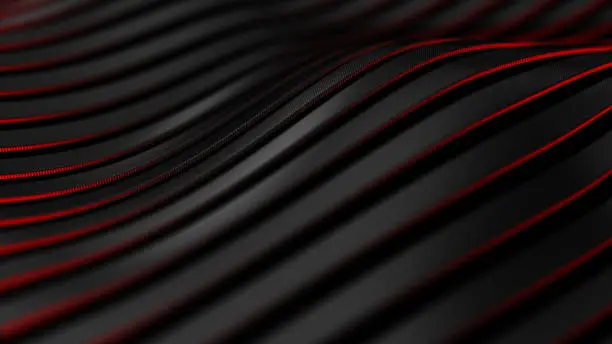 Photo of Black carbon fiber motion background. Technology wavy line with red glowing light 3d illustration.