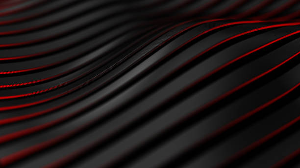 black carbon fiber motion background. technology wavy line with red glowing light 3d illustration. - fundo preto imagens e fotografias de stock