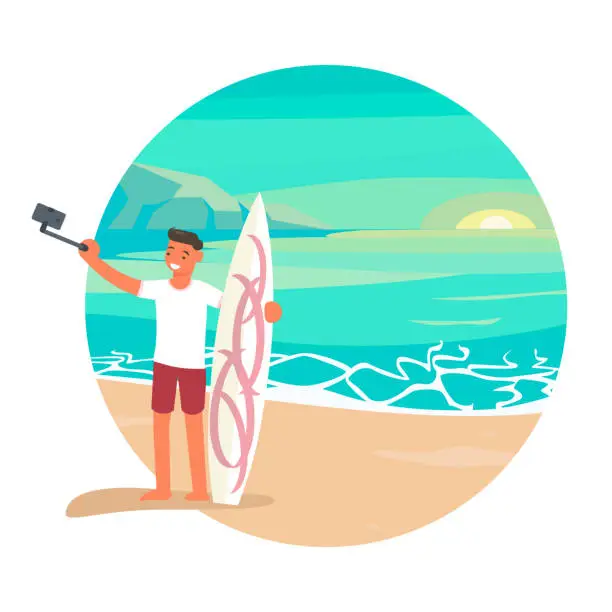 Vector illustration of Surfer man with board in hand, takes selfie photo against background of sea sunset on the beach.