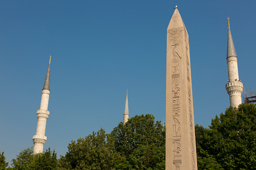 Obelisk of Theodosius and the Walled Obelisk in Istanbul, Turkiye at night.