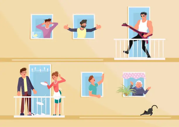 Vector illustration of Men and women neighbours characters living in neighboring home apartments