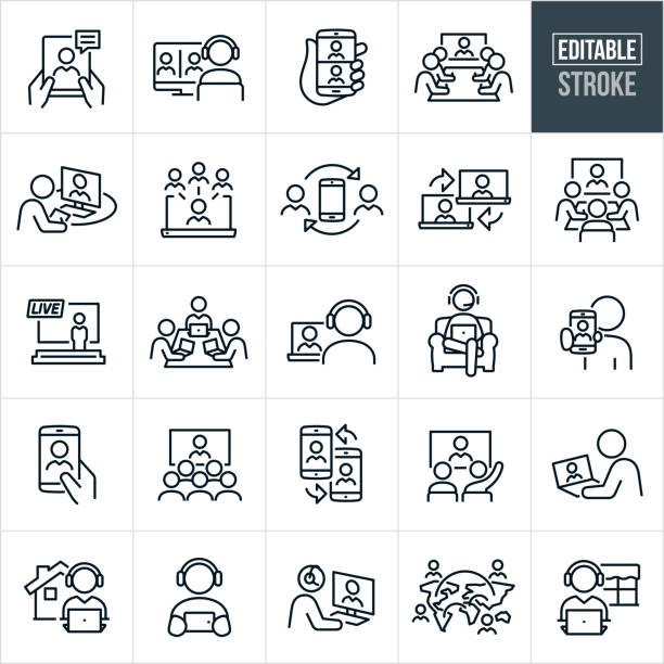 videokonferenzen thin line icons - bearbeitbarer strich - telecommuting stock-grafiken, -clipart, -cartoons und -symbole