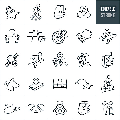 A set of navigation and tracking icons that include editable strokes or outlines using the EPS vector file. The icons include a person being tracked using a GPS tracker, pushpin on exact location, smartphone being used for navigation, map marker, car using GPS, navigation city map, satellite, smartwatch with GPS, airplane using GSP, map, person running with GPS enabled watch, person hiking using GPS tracker, handheld GPS device, chipped dog, navigation device, person riding bike using GPS enabled wearable device, directions, open road, elderly person wearing GPS tracking device and others.