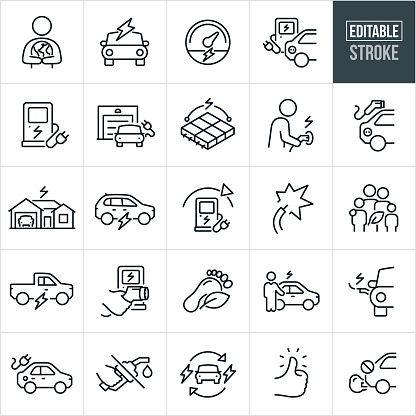 A set of electric vehicles icons that include editable strokes or outlines using the EPS vector file. The icons include electric cars, electric SUV, car key, electric car charging station, electric vehicle battery pack, person using electric vehicle charger to charge electric vehicle, car charging at home in garage, electricity, environmental conscious family, electric truck, hand holding electric vehicle charger, carbon footprint, electric car salesman, car getting charged, thumbs up, no emission, no gas and other related icons.