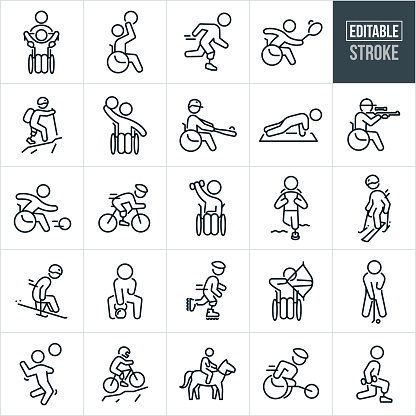 A set of adaptive athletes playing sports icons that include editable strokes or outlines using the EPS vector file. The icons include a person in a wheelchair being assisted using exercise band, disabled person in wheelchair shooting basketball, runner running with prosthetic leg, disabled person in wheelchair playing tennis, person with prosthetic leg hiking, person in wheelchair playing basketball, adaptive athlete playing baseball from wheel chair, person with missing arm doing pushups with one arm, person recreational shooting from wheelchair, adaptive athlete bowling from wheelchair, cyclist with prosthetic leg cycling, person in wheelchair lifting dumbbell weight, hiker hiking with prosthetic leg, adaptive athlete snow skiing, person with missing arm lifting kettlebell, person with prosthetic leg in-line skating, person shooting bow and arrow from wheelchair, person with one arm playing golf, volleyball player with one arm spiking ball, adaptive athlete playing sports, mountain biker with prosthetic leg mountain biking, person with missing arm riding horse, adaptive athlete racing wheelchair and other icons of people doing sports with a disability.