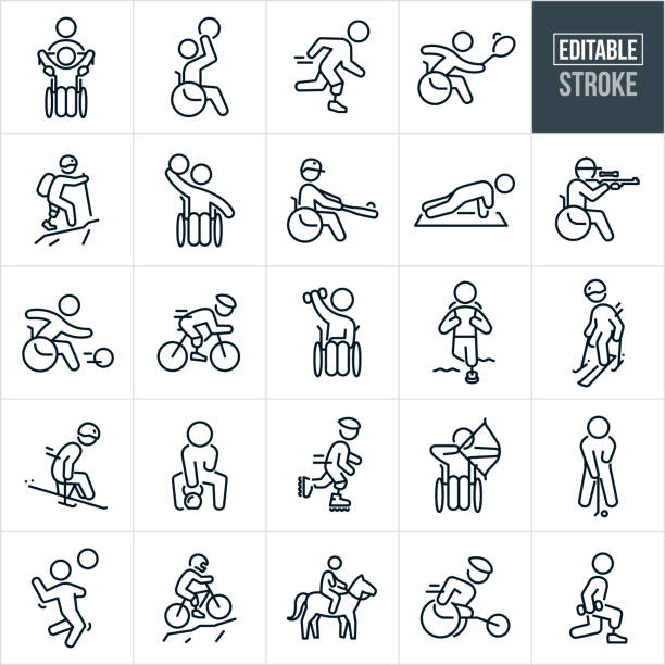 Adaptive Sports Thin Line Icons - Editable Stroke A set of adaptive athletes playing sports icons that include editable strokes or outlines using the EPS vector file. The icons include a person in a wheelchair being assisted using exercise band, disabled person in wheelchair shooting basketball, runner running with prosthetic leg, disabled person in wheelchair playing tennis, person with prosthetic leg hiking, person in wheelchair playing basketball, adaptive athlete playing baseball from wheel chair, person with missing arm doing pushups with one arm, person recreational shooting from wheelchair, adaptive athlete bowling from wheelchair, cyclist with prosthetic leg cycling, person in wheelchair lifting dumbbell weight, hiker hiking with prosthetic leg, adaptive athlete snow skiing, person with missing arm lifting kettlebell, person with prosthetic leg in-line skating, person shooting bow and arrow from wheelchair, person with one arm playing golf, volleyball player with one arm spiking ball, adaptive athlete playing sports, mountain biker with prosthetic leg mountain biking, person with missing arm riding horse, adaptive athlete racing wheelchair and other icons of people doing sports with a disability. adaptive athlete stock illustrations