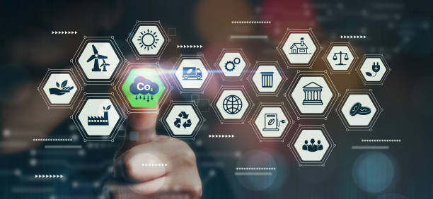 istock Reduce CO2 emissions concept, green business using renewable energy. Limiting climate change and global warming in modern technology thumbs up business woman with icon 1371968761