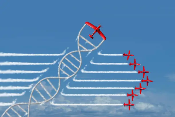 Air pollution and DNA concept as an airplane with smoke shaped as a double helix strand with 3D illustration elements.