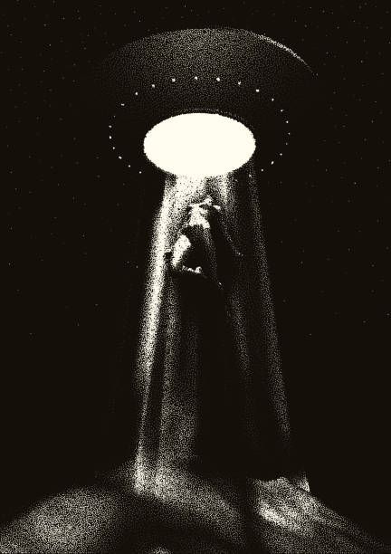 エイリアンの宇宙船は、拉致線で人間を誘拐します。ufoや空飛ぶ円盤によって撮影された女性や男性とレトロなスタイルのポスター。50年代スタイルのsfイラスト。ベクトルの図 - 1950s style illustrations点のイラスト素材／クリップアート素材／マンガ素材／アイコン素材