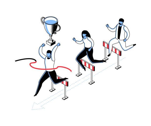 business-wettbewerb - moderne linienisometrie-design-stil illustration - hurdle competition running sports race stock-grafiken, -clipart, -cartoons und -symbole