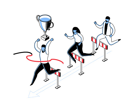 Business competition - modern line isometry design style illustration on white background. Detailed picture with male, female characters jumping over obstacles, hurdles. Leadership and rival idea