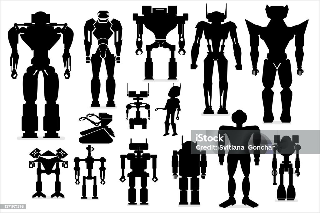 A Set Of Childrens Robots In Black And White Colors Vector Robots Stock ...