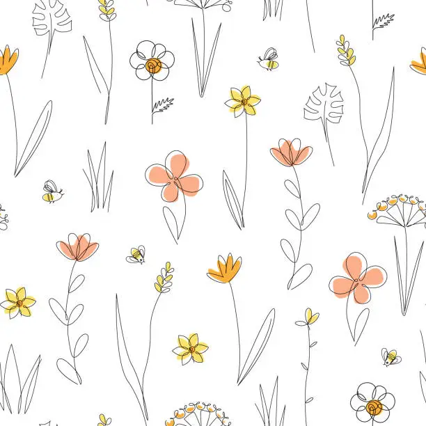 Vector illustration of Meadow wildflower seamless vector pattern. Boho botanical floral background. Continuous line drawing background. Doodle hand drawn style floral illustration