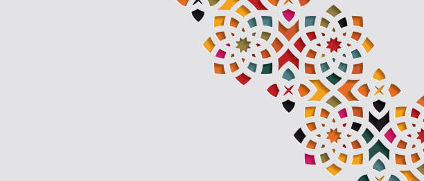 okrasný barevný vzorovaný kamenný reliéf v arabském architektonickém stylu islámské mešity,blahopřání pro ramadán kareem - balkán stock ilustrace