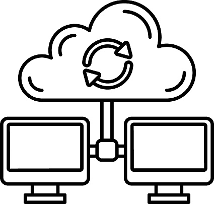 consolidating data across different sources Concept, Two Pc Connected Cloud Devices Vector Icon Design, Cloud computing Symbol, Client server model Sign, Web Service and Data Center stock illustration