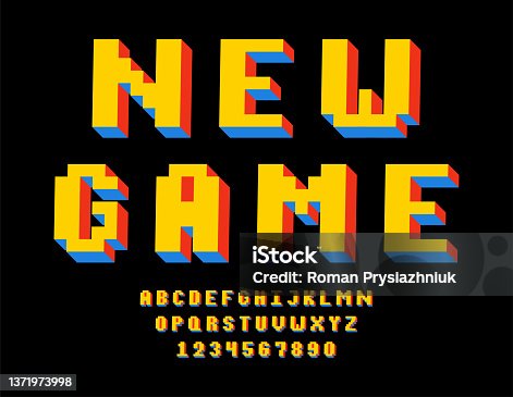 istock 3d pixel retro font. Pixelated alphabet in 8-bit games style. Isometric pixel uppercase letters and numbers. Vector 1371973998
