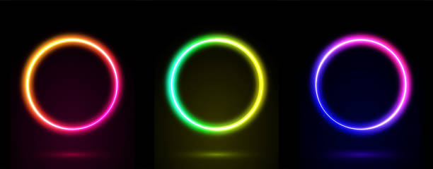 Set of 3d neon circle frame in vibrant color. Glowing borders neon light. Illuminated colorful frames collections on dark background with copy space. Vector Set of 3d neon circle frame in vibrant color. Glowing borders neon light. Illuminated colorful frames collections on dark background with copy space. Vector illustration. glow stick stock illustrations