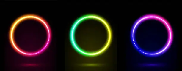 Vector illustration of Set of 3d neon circle frame in vibrant color. Glowing borders neon light. Illuminated colorful frames collections on dark background with copy space. Vector