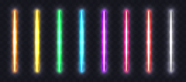 Neon light tubes set. Colorful glowing halogen or led light lamps. Realistic neon illuminated lines, borders and frame elements on transparent background. Neon light tubes set. Colorful glowing halogen or led light lamps. Realistic neon illuminated lines, borders and frame elements on transparent background. Vector. glow stick stock illustrations